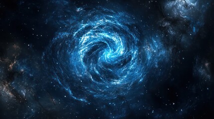 A swirling blue nebula dominates the cosmic scene.