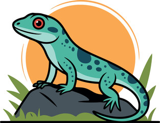 Obraz premium Cartoonish Teal Reptile with Red Eyes Perched on a Rock Surrounded by Greenery Illustration