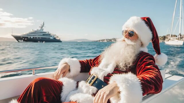 Santa Claus relaxes on a yacht with sunglasses enjoying ocean views during Christmas