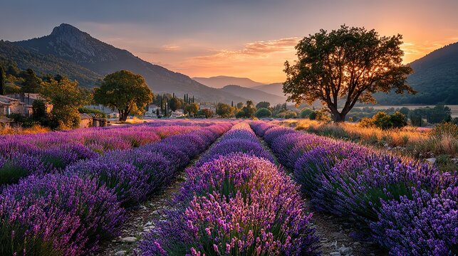 Provence lavender fields sunrise landscape with purple flowers, beautiful French countryside scene concept for travel ads