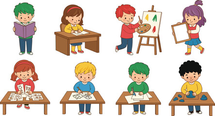 Children creative activity illustration, classroom reading and drawing concept, fun educational art scene, kids painting, crafting, learning environment design, colorful school vector artwork
