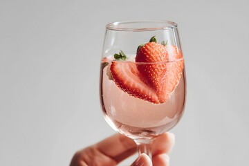 A hand holding glass of pink rosé wine with heart-shaped strawberry slice, Pink cocktail refreshing summer drink, Romantic drink for Valentine's Day, Birthday.