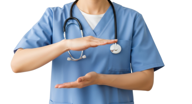 Healthcare worker holding something invisible in their hands isolated PNG with Transparent Background