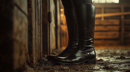 Glossy riding boots lined a luxurious stable atmospheric lighting no human no labelling no logo