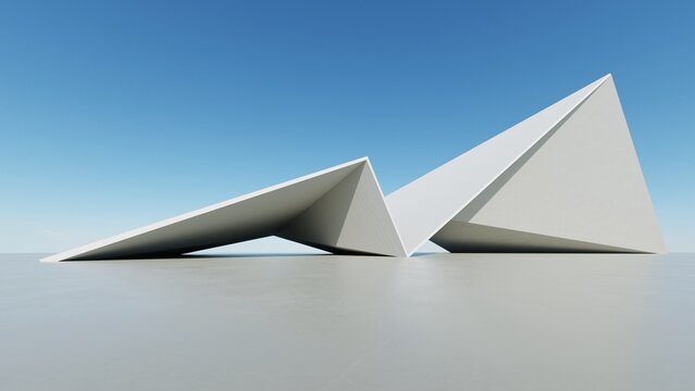 3d illustration of abstract modern architecture background, Minimal geometry architectural design, Car presentation backdrop with empty concrete floor, Geometric white building design