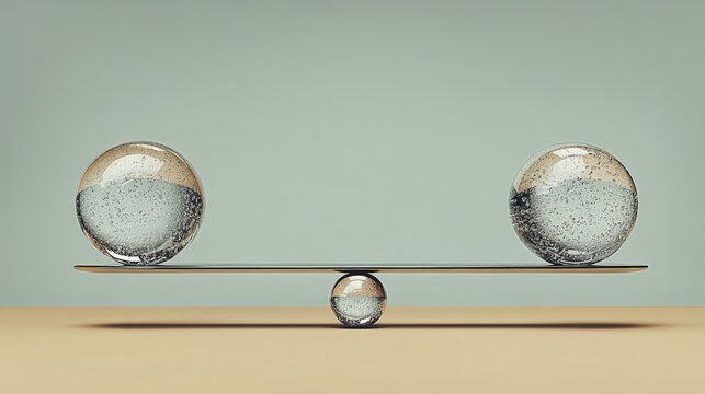 Balancing Scale with Glass Balls and Pebble on Seesaw to Represent Equilibrium Business Ethic transparent business ethic concept