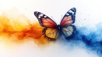 A Monarch Butterfly against a vibrant orange and blue watercolor background.