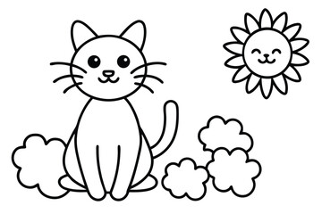 cute happy tabby cat sitting on grass with happy sun line art vector illustration