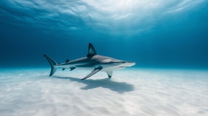 Fototapeta premium A shark swims effortlessly over a sandy ocean floor in bright blue waters, showcasing its elegance.