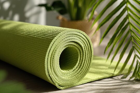 Rolled-up light green yoga mat on a light brown floor, with a plant in the background - Powered by Adobe