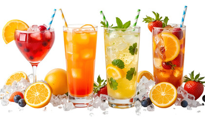Refreshing summer cocktails drinks with fruits and ice cold beverage for healthy lifestyle concept image isolated on transparent background