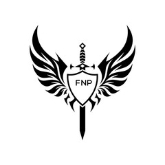 Obraz premium FNP Winged Sword and Shield Logo with FNP Letters, FNP Later Logo, Heraldic Emblem, Black and White Vector Design 
