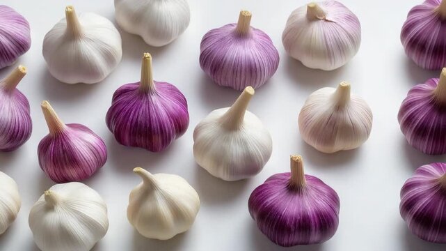 A bunch of purple and white garlic bulbs are arranged in a row