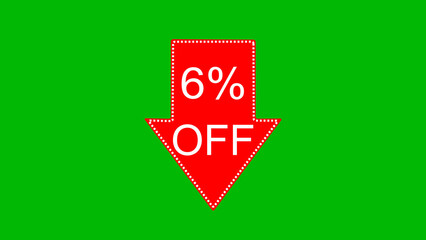 6 percent off discount offer icon illustration. illustration arrow pointing 6 percent off text illustration. green background 4k illustration.