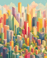 Colorful isometric city skyline with tall skyscrapers and vibrant urban scenery Business Ethic transparent business ethic concept
