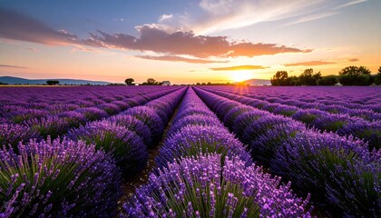 Fototapeta premium Lavender fields stretching to the horizon, purple tones glowing under a soft sunset, peaceful countryside vibe
