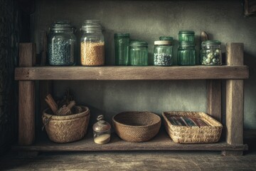 Wooden shelf with glass jars and baskets