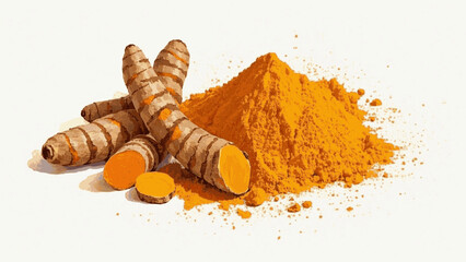 Golden Ground: Watercolor Roots Turmeric Roots and Powder isolated watercolor vector illustration svg