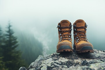 Hiking boots perched a rocky cliff edge fog in the background no human no labelling no logo