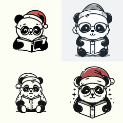 Panda with santa hat wear glasses reading. Retro Cartoon Clipart Line Art Stock Vector Illustration. Festive bear winter headwear spectacle studying textbook.