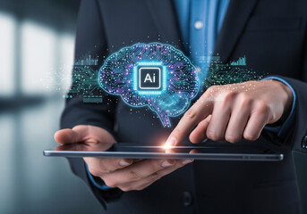 Unlock groundbreaking innovation by interacting with advanced AI technology, visualizing the future of intelligent systems and data analytics on a sleek tablet interface.