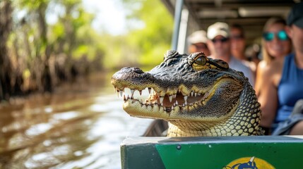 Eye-level perspective of an American alligator on an ecotour boat with passengers