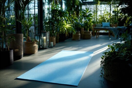Light-blue yoga mat in a sunlit greenhouse - Powered by Adobe