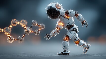 Robot and DNA digital illustration with glowing molecular mesh, futuristic technology AI concept for science, health, and design