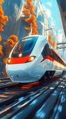 Modern train speeding through a city tunnel with autumnal trees reflected in the urban architecture.