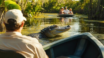 Close encounter with an alligator during a guided boat tour in a swampy area