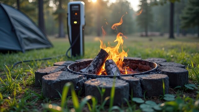 Outdoor campfire with electric car charger in forest campsite
