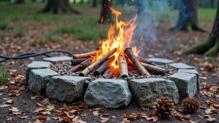 Cozy autumn campfire with pinecones and stone circle in forest setting