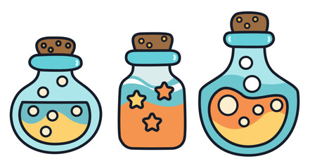Halloween witch potion bottles with colorful magical liquid and star shapes in glass containers with cork stoppers for spooky celebration