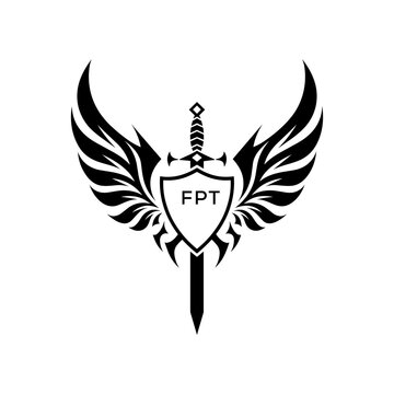 FPT Winged Sword and Shield Logo with FPT Letters, FPT Later Logo, Heraldic Emblem, Black and White Vector Design
