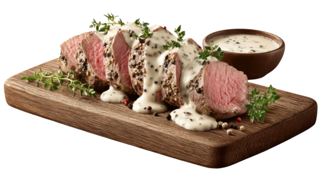 Roast beef tenderloin slices rest on board near sauce bowl.