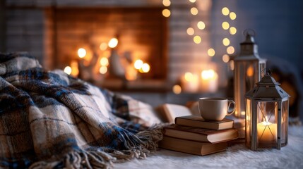 The cozy scene with a warm blanket, books, and illuminating lanterns