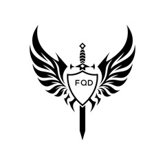 FQD Winged Sword and Shield Logo with FQD Letters, FQD Later Logo, Heraldic Emblem, Black and White Vector Design
