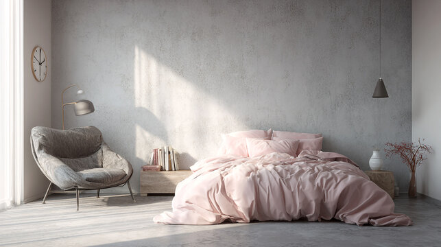 Pink duvet on bed in minimalist bedroom with concrete wall