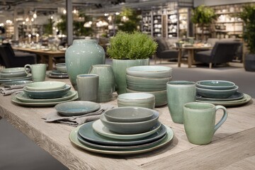 Display of various muted green and gray dinnerware on a light-brown wooden table