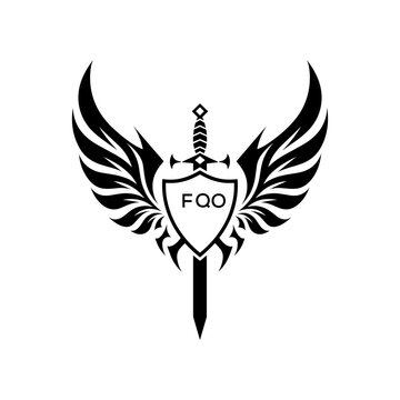 FQO Winged Sword and Shield Logo with FQO Letters, FQO Later Logo, Heraldic Emblem, Black and White Vector Design
