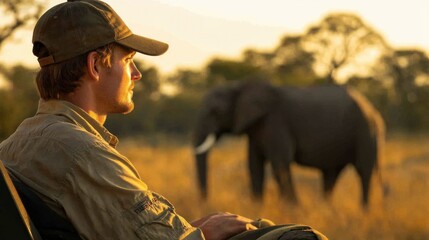 African adventure safari: Man observing an elephant in its natural environment