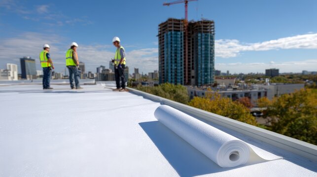 Professional installation of tpo membrane on flat roof in urban construction setting.