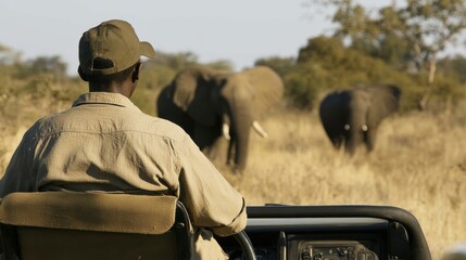 Safari adventure, guide driving towards elephants in the wild, travel exploration