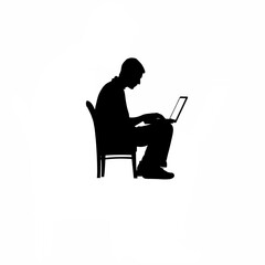 Silhouette of person typing with intense focus on laptop on white background