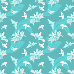 A seamless floral pattern featuring elegant flowing petals with a painterly ikat touch over a vibrant turquoise base. Great for fabric and home decor.
