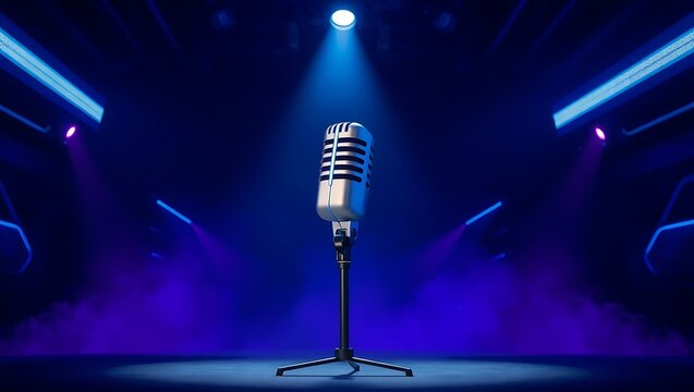 A vintage microphone on a stand illuminated by blue and purple stage lights in a dark room setup