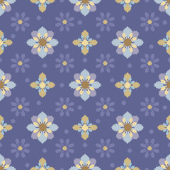 Seamless ikat floral pattern with symmetric flower clusters on indigo blue background. Perfect for textile design, home decor, and digital prints.