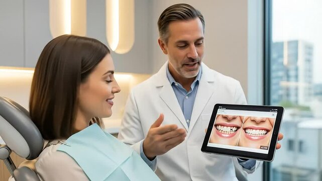 Male dentist showing a female patient before and after photos of a smile makeover on a digital tablet in a modern dental office