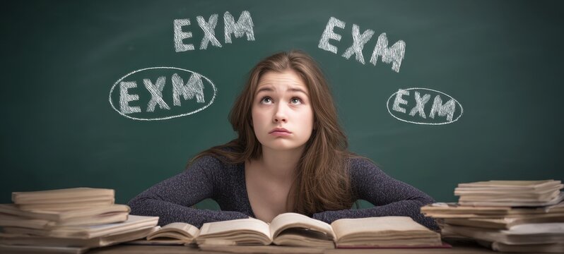 The student overwhelmed by exam stress in a classroom setting.