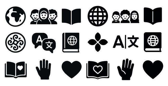International communication icons set – solid, global, language translation symbols